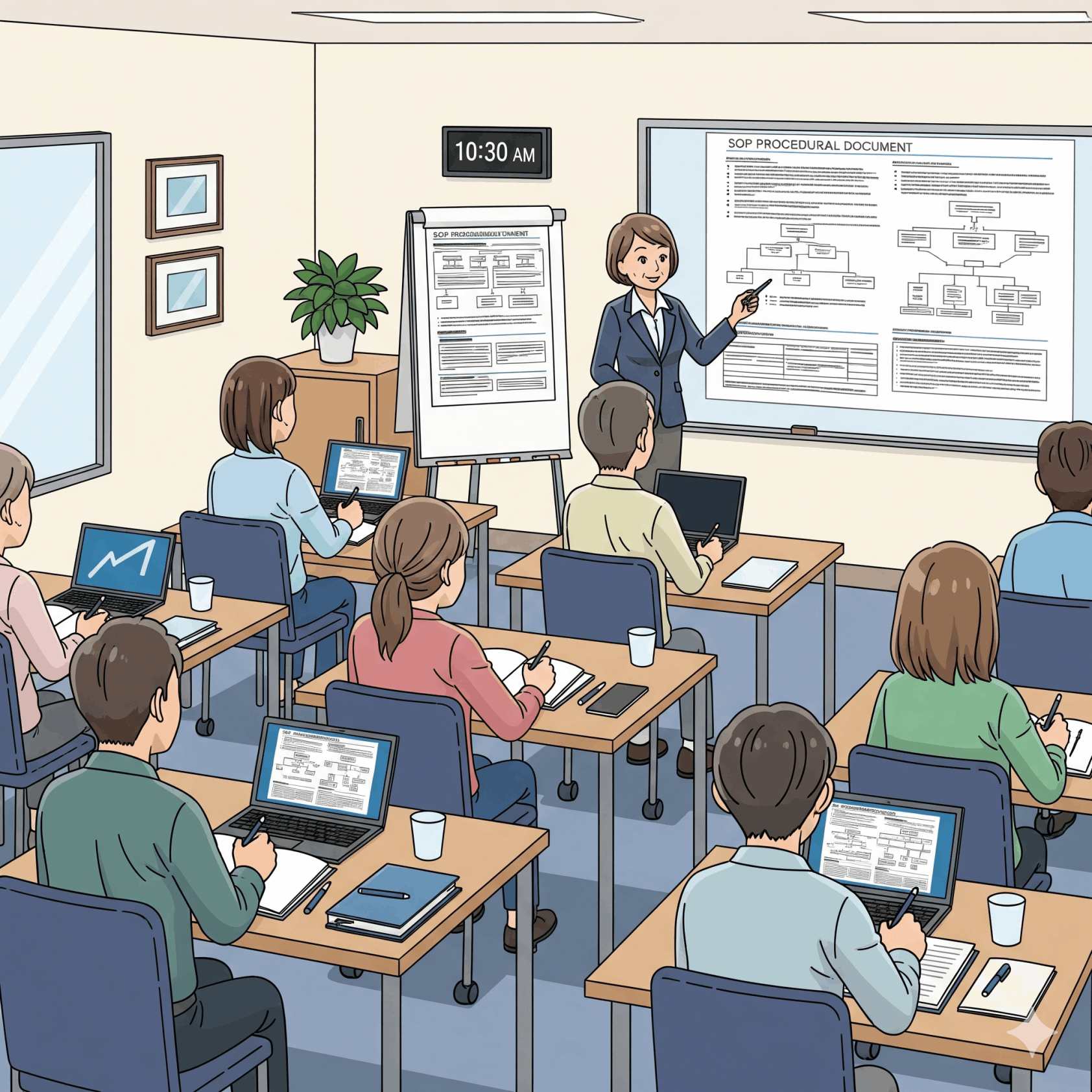 研修を受けている従業員グループのイラスト（SOPに基づいて作業している様子）